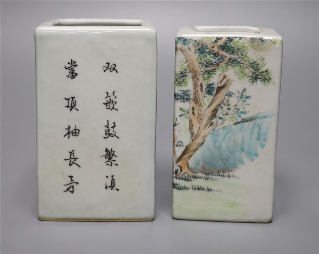 Two Chinese famille rose square brush pots, tallest 13cm